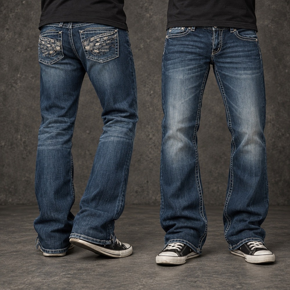 34x32 Faded Blue Embroidered Bootcut Jeans Y2K Vintage